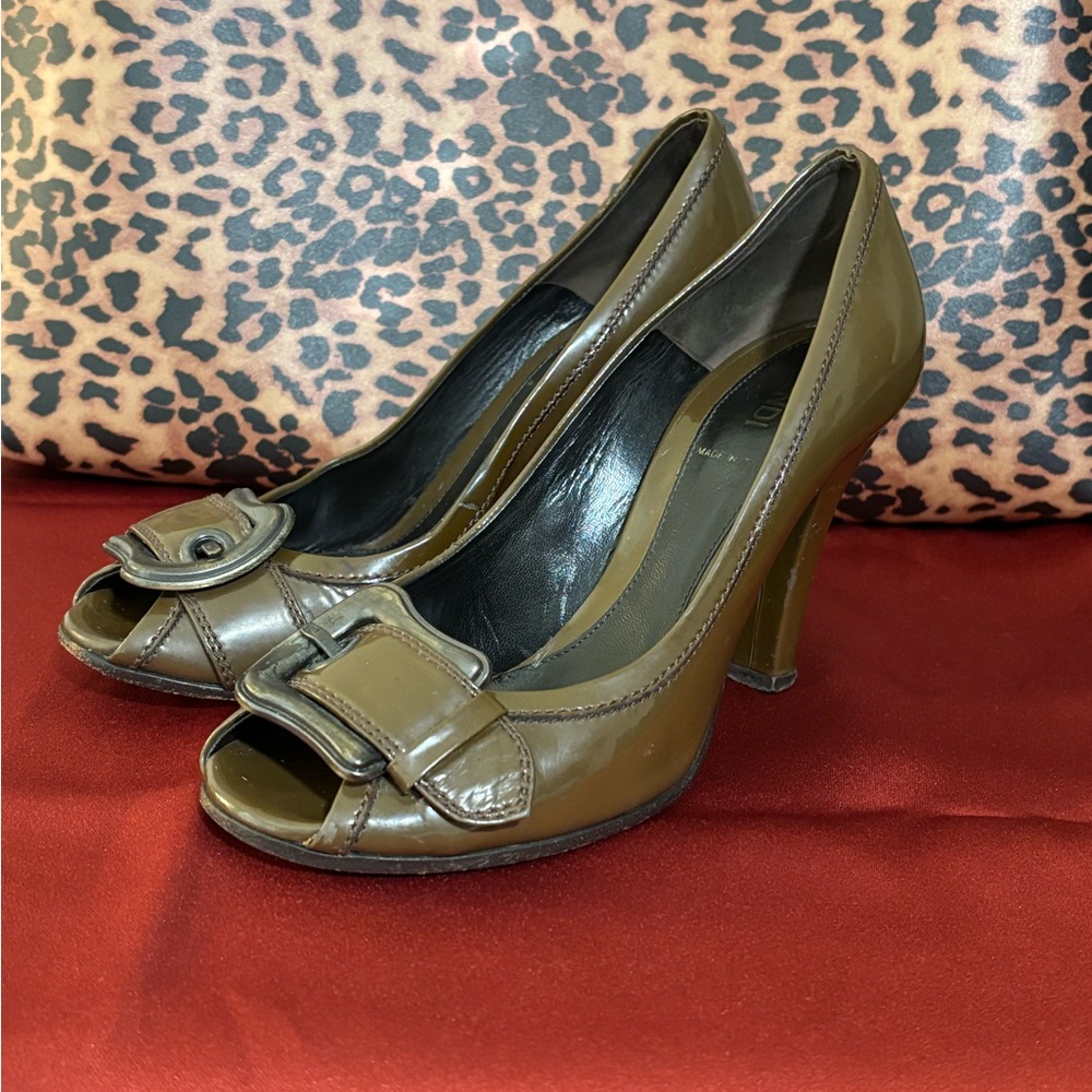 Fendi Olive/Army Green Patent Leather Buckle Peep-Toe Heels